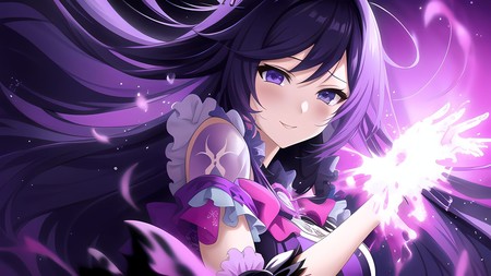 anime girl with long purple hair holding a glowing object in her hand