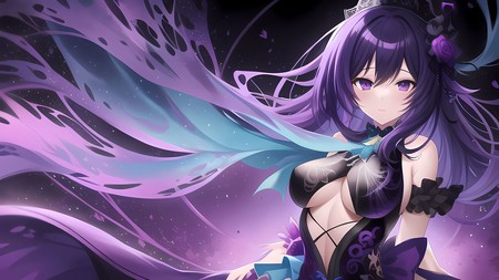 anime girl with long purple hair and a black dress with blue and purple wings