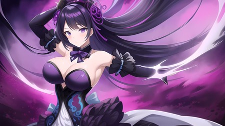 anime character with long black hair in a purple dress with a sword in her hand