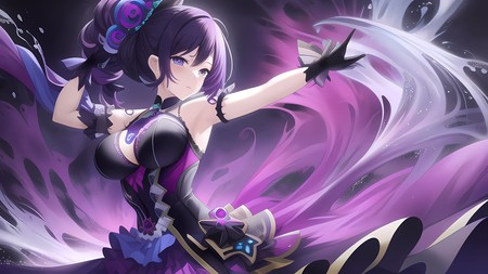 anime character with purple hair and a black top and purple dress