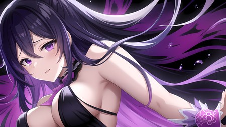 anime girl with long black hair and purple eyes wearing a black bra