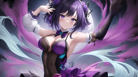 anime character with purple hair and a black bra and purple dress