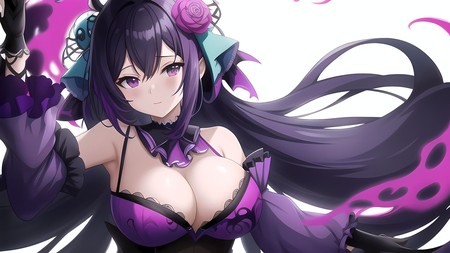 anime girl with long purple hair and a purple dress holding a purple object