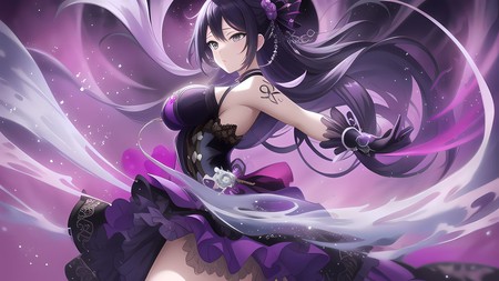 anime girl with long black hair in a purple dress and a purple background