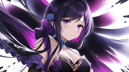 anime girl with purple hair and a black bra and purple wings
