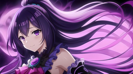 anime girl with long purple hair and purple eyes and a flower in her hand