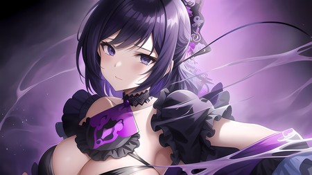 anime girl with a purple dress and black hair wearing a purple necklace