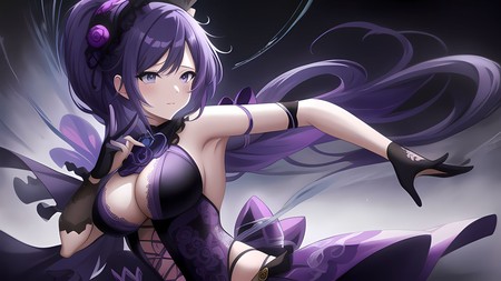 anime character with purple hair and a purple dress and black gloves