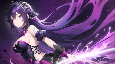 anime girl with long purple hair holding a sword in her hand