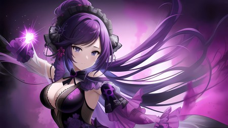 anime girl with long purple hair holding a purple light in her hand