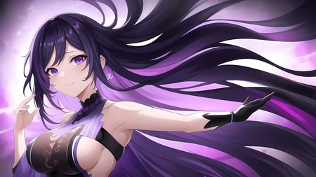 anime character with long black hair and purple eyes and a black bra