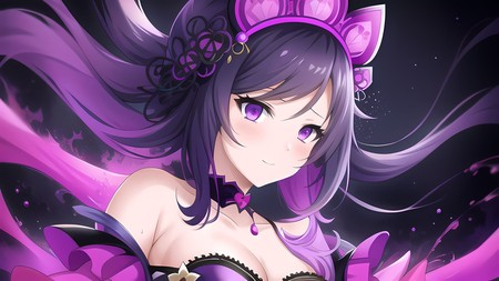 anime girl with purple hair and big breast wearing a purple corset