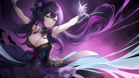 anime girl with long purple hair and a purple dress holding a wand