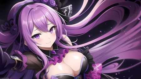 anime girl with long purple hair wearing a black outfit and holding her hand up to her chest