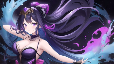 anime girl with long purple hair and a purple dress with a purple bow on her head