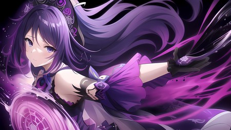 anime girl with long purple hair holding a purple object in her hand