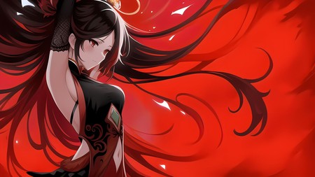 anime girl with long black hair and a red dress is holding her hands up in the air