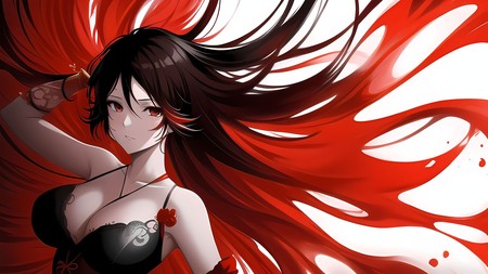 anime girl with long black hair and a red dress with blood flowing down her chest