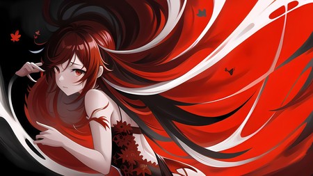 anime girl with long red hair and black and white dress with a butterfly on her shoulder