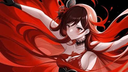 anime girl with long red hair and a black top and red dress