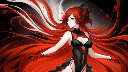 woman with long red hair in a corset and devil horns