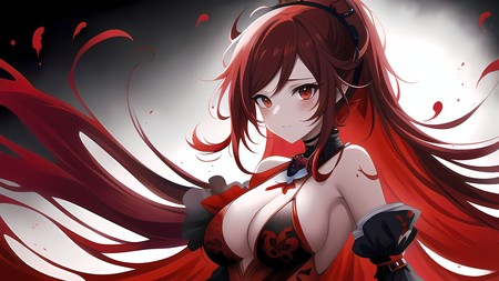 an anime girl with long red hair wearing a black and red outfit