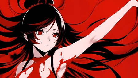 anime girl with long black hair and blood all over her body