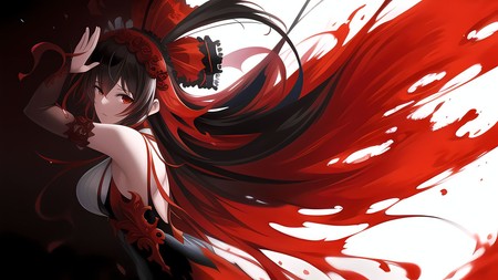 anime girl with long red hair and a black and white dress