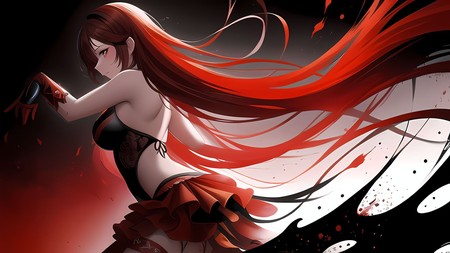 woman with long red hair in a black and red dress with black and white paint splatters