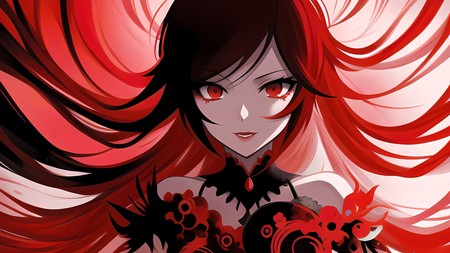 anime girl with long red hair and black and white dress with red eyes