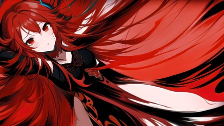 anime girl with long red hair and a black dress with white eyes