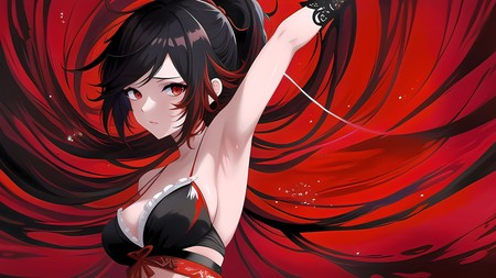 anime girl with black hair and a red dress with her arms in the air