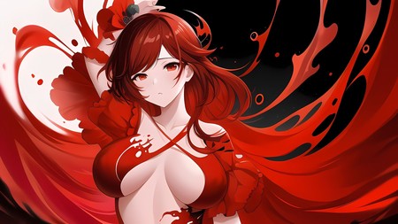 an anime character with red hair and a large breast, wearing a red dress