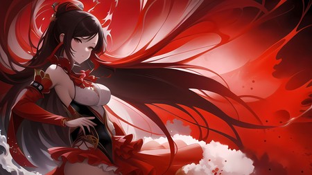 anime girl with long hair and a red dress in front of a red background