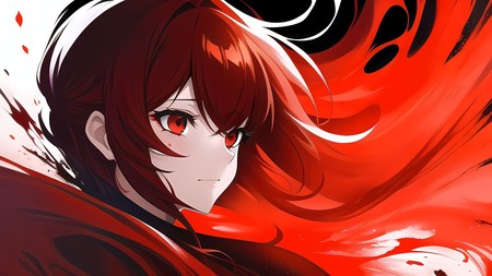 anime girl with red hair and red eyes and a black cape