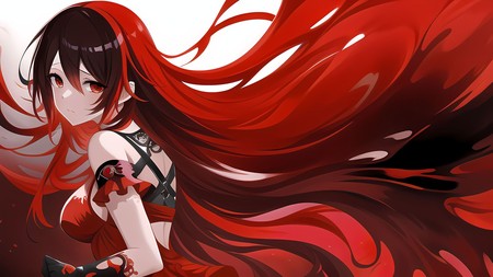 anime girl with long red hair and a red dress with black accents
