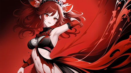 anime girl with red hair and black and white dress and red hair