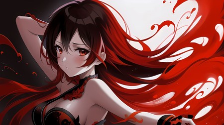 anime girl with long red hair and a black top with red swirls