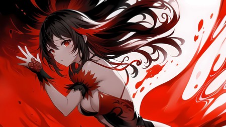 woman with long black hair in a red and black outfit with blood pouring out of her chest