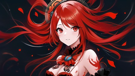 anime girl with red hair wearing a black corset and red eyes