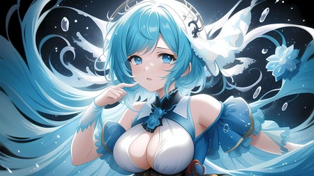 anime character with blue hair and a white dress and a bird on her head