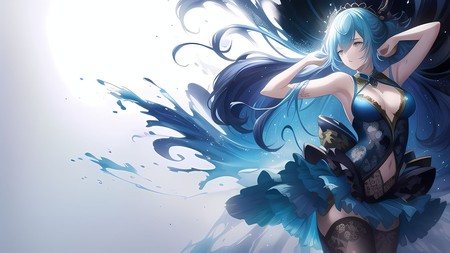 anime character with blue hair and a black body and blue eyes