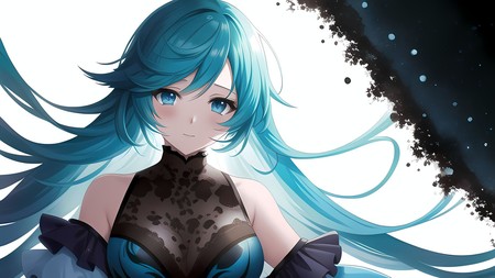 anime girl with long blue hair wearing a black and white outfit