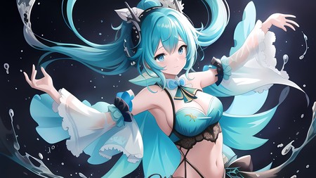 anime character with blue hair and a blue outfit and a black background