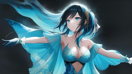 woman with blue hair and a blue dress with wings on her chest