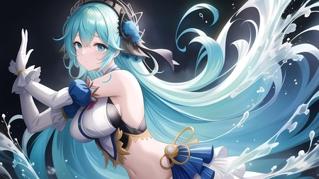 anime character with long blue hair and a white body and blue eyes