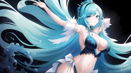 very pretty anime girl with long blue hair and a big breast