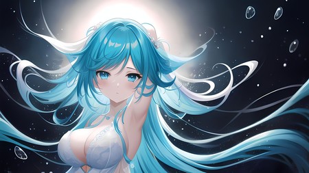 anime girl with long blue hair and blue eyes in the dark