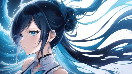 anime girl with blue eyes and black hair in a white dress