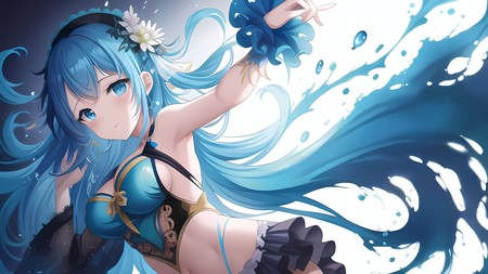 anime girl with long blue hair and a flower in her hair